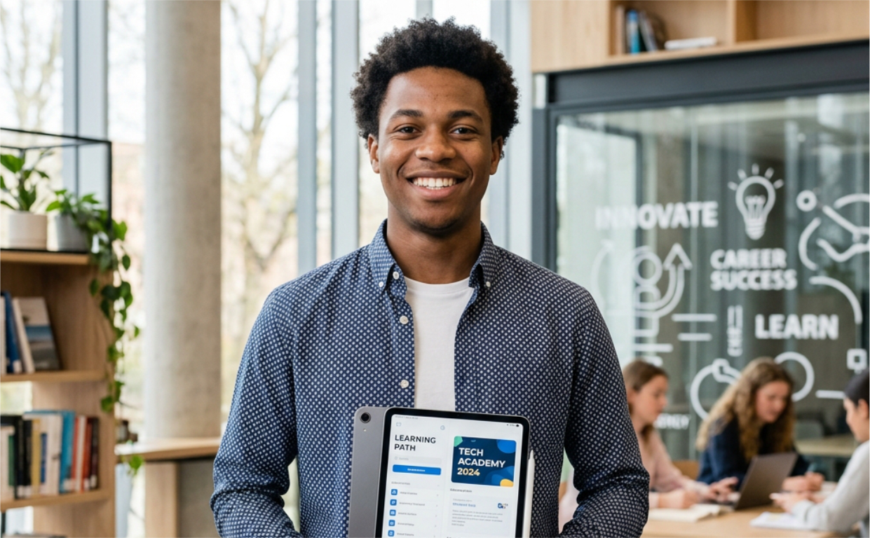 Étudiant congolais utilisant une tablette d'apprentissage